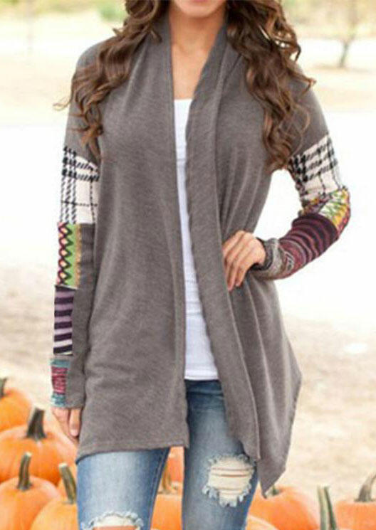 

Cardigans Plaid Geometric Striped Long Sleeve Cardigan in Gray. Size