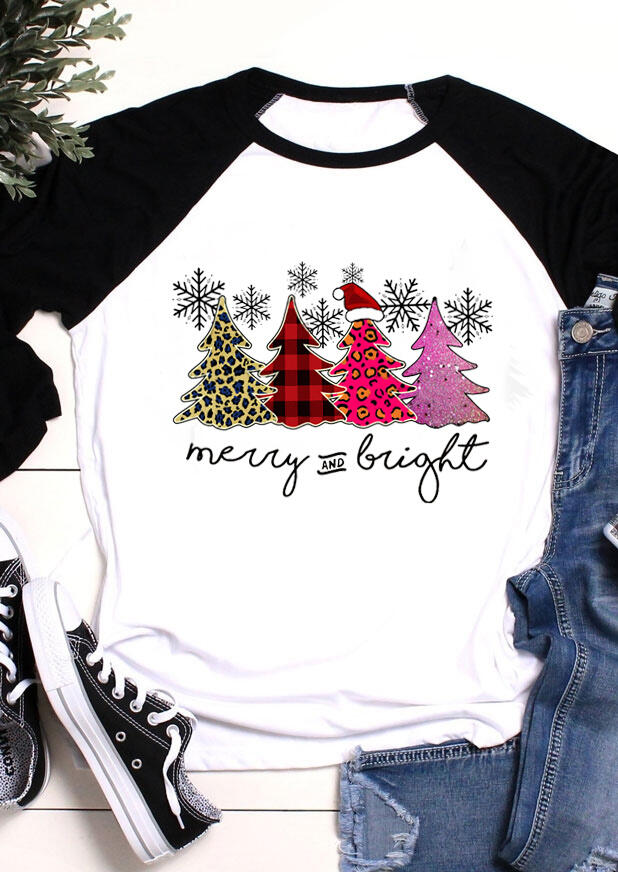 

Tees T-shirts Christmas Leopard Plaid Tree Snowflake Merry And Bright T-Shirt Tee in Black. Size