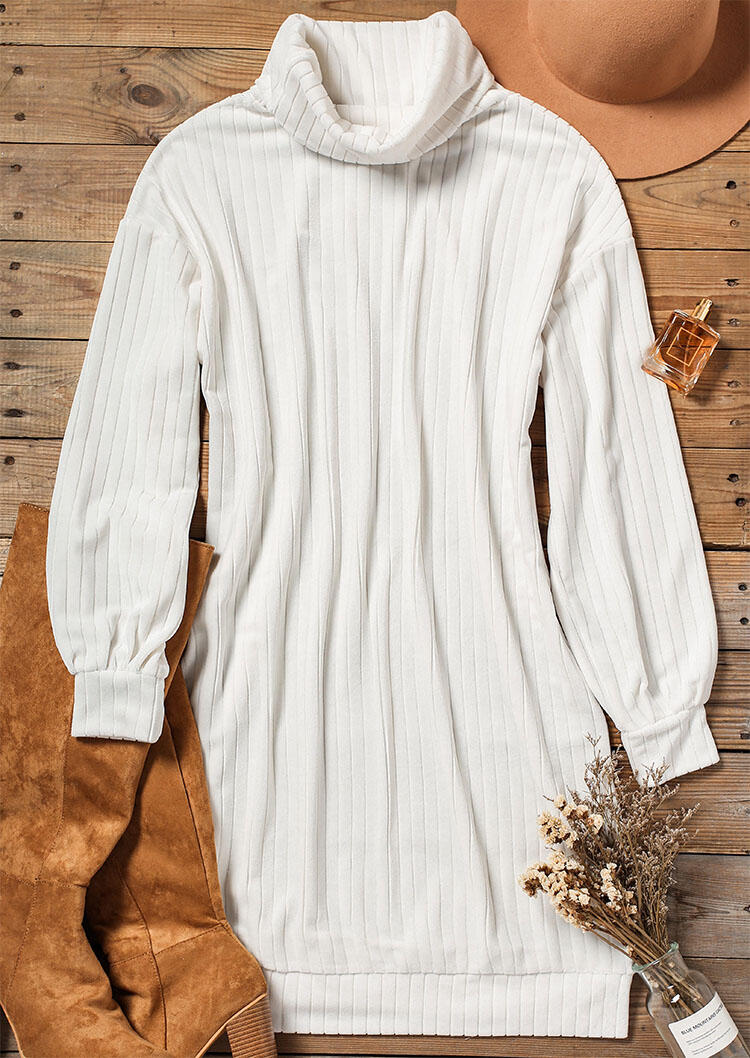 

Mini Dresses Elastic Cuff Long Sleeve Turtleneck Knitted Mini Dress in White. Size: ,L,XL