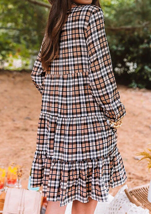 

Mini Dresses Plaid Pocket Button Ruffled Long Sleeve Mini Dress in Plaid. Size: ,M,L
