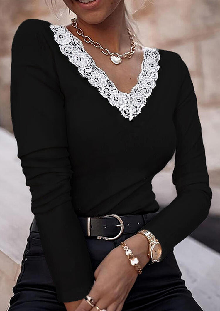 

Blouses Lace Splicing V-Neck Long Sleeve Blouse in Black. Size