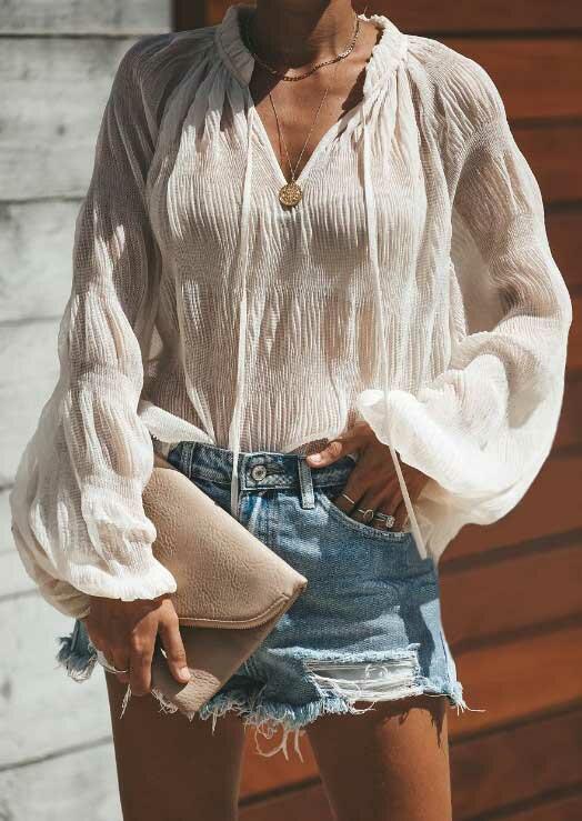 

Blouses Ruffled V-Neck Puff Sleeve Casual Blouse in White. Size