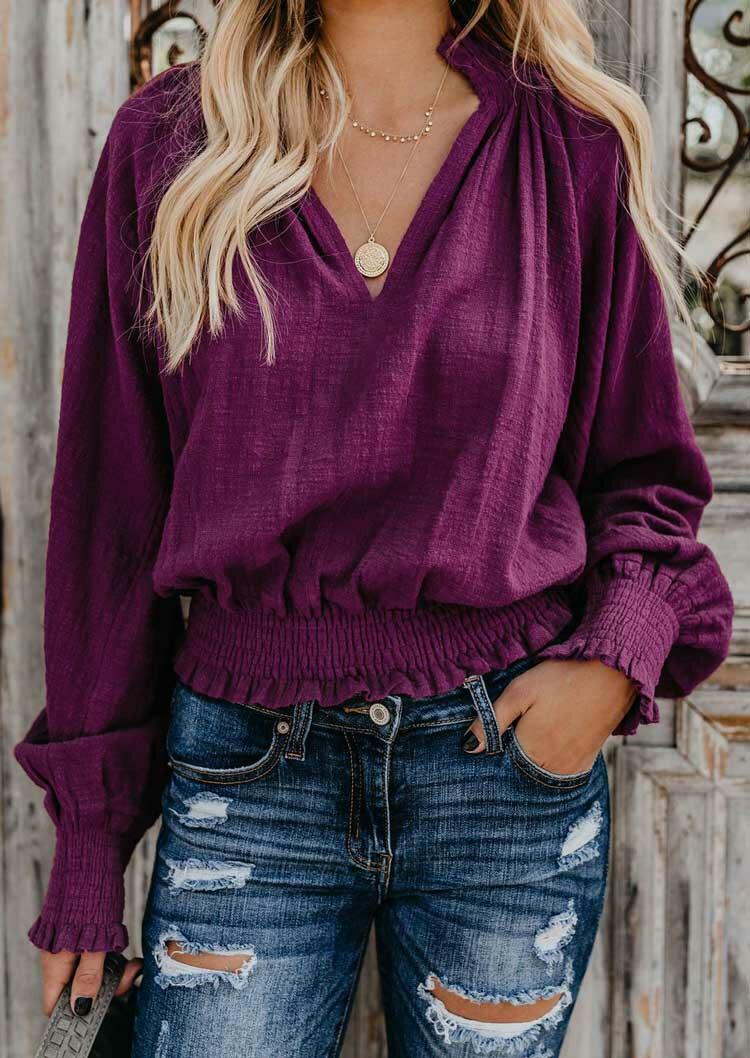 

Blouses Ruffled Elastic Cuff Long Sleeve V-Neck Blouse in Purple. Size