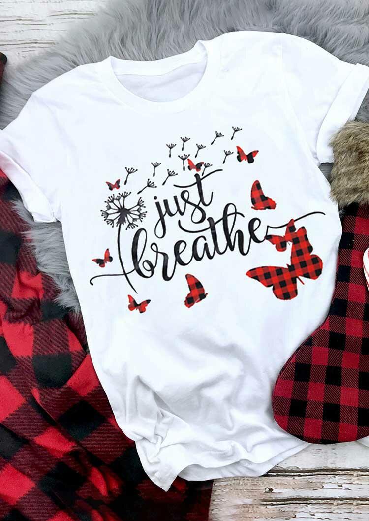 

Tees T-shirts Christmas Just Breathe Dandelion Plaid Butterfly T-Shirt Tee in White. Size
