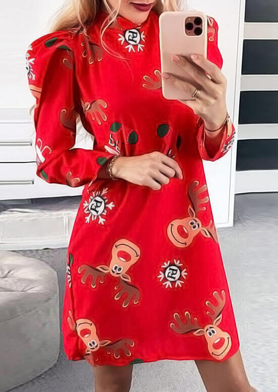 

Mini Dresses Christmas Reindeer Puff Sleeve Mini Dress in Red. Size: S,M,,XL