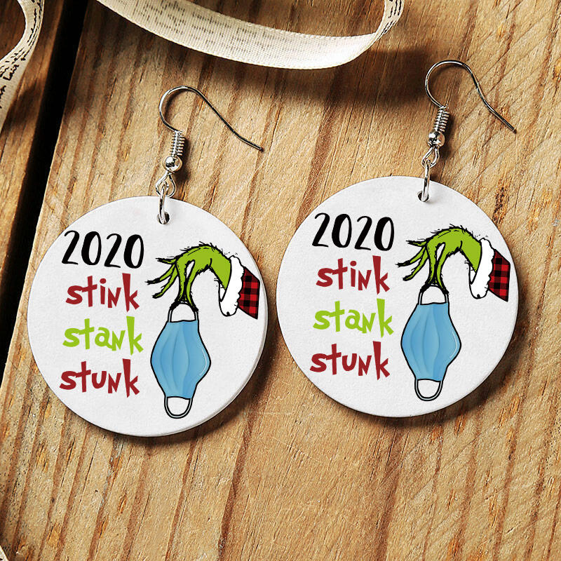 

Earrings Christmas Double-Sided 2020 Stink Stank Stunk Grinch Hand Wooded Earrings in Multicolor. Size