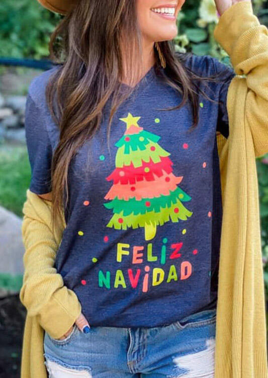 

Tees T-shirts Christmas Tree Feliz Navidad V-Neck T-Shirt Tee in Blue. Size