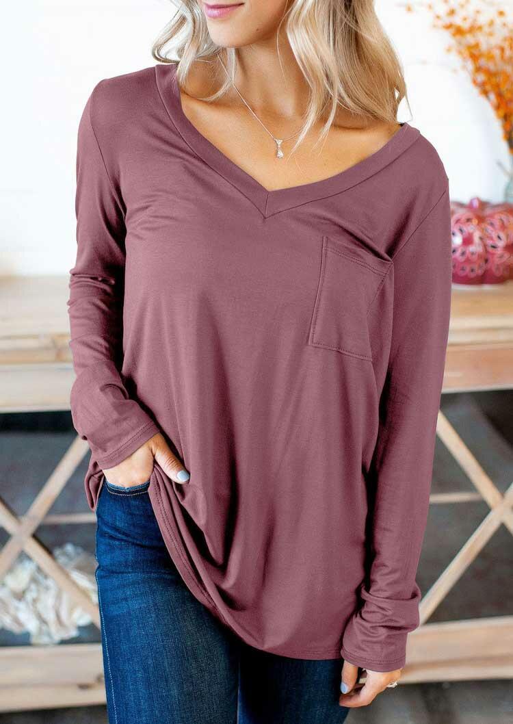 

Tees T-shirts Pocket Long Sleeve V-Neck T-Shirt Tee in Purple. Size