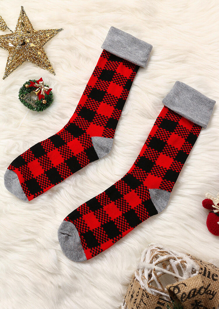 

Socks Winter Warm Plaid Non-Slip Socks in White. Size