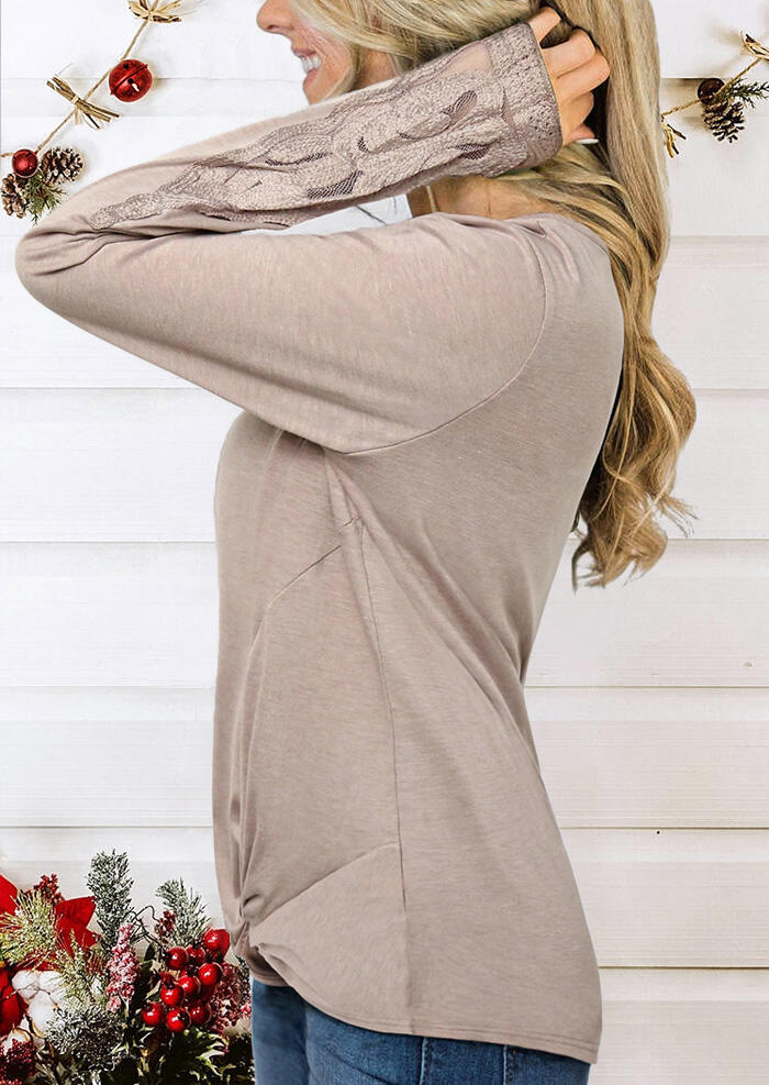 

Blouses Lace Splicing Twist V-Neck Casual Blouse in Light Khaki. Size