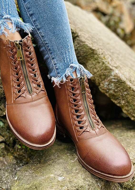 

Boots Criss-Cross Zipper Round Toe Ankle Martin Boots in Brown. Size