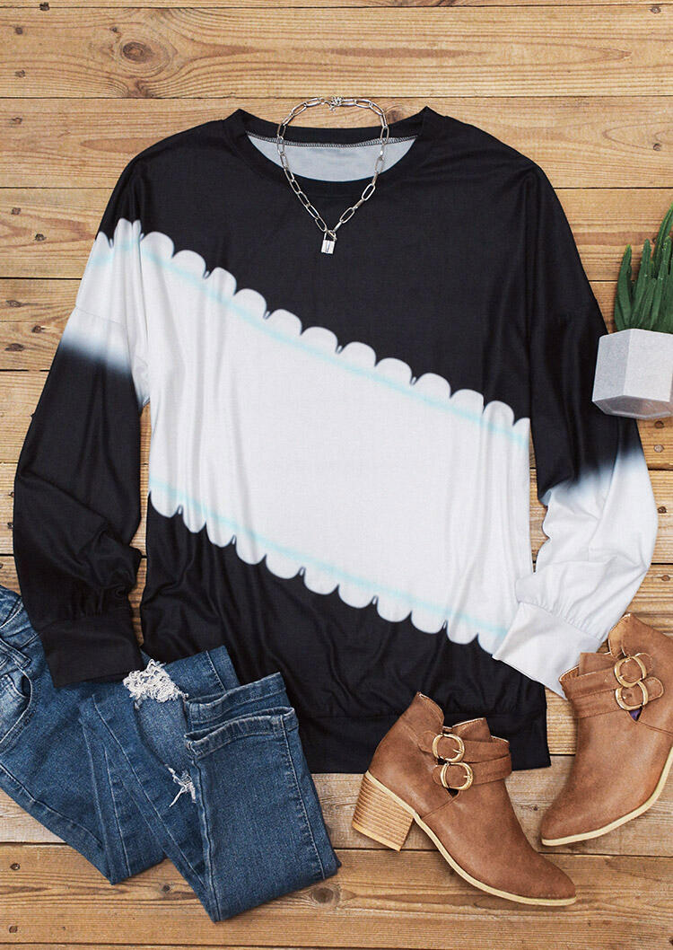 

Color Block Long Sleeve O-Neck Blouse - Black, 489101