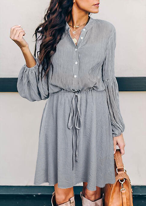 

Mini Dresses Ruffled Button Tie V-Neck Elastic Cuff Mini Dress in Gray. Size