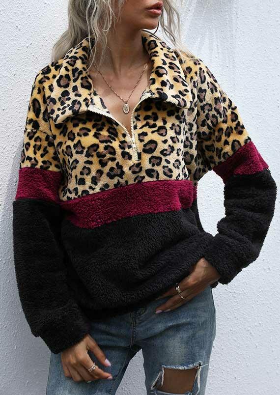 

Sweatshirts Leopard Splicing Zipper Collar Fleece Pullover Sweatshirt in Multicolor. Size