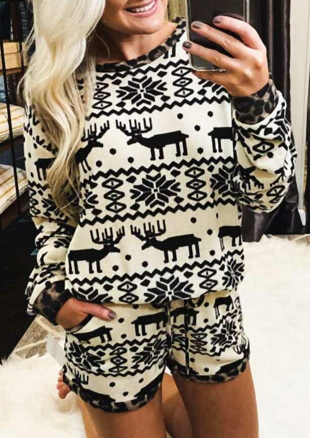 

Two-Piece Sets Reindeer Snowflake Leopard Splicing Blouse And Shorts Set in White. Size