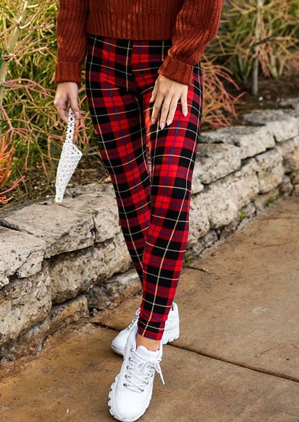 

Leggings Plaid Splicing Skinny Casual Leggings in Plaid. Size