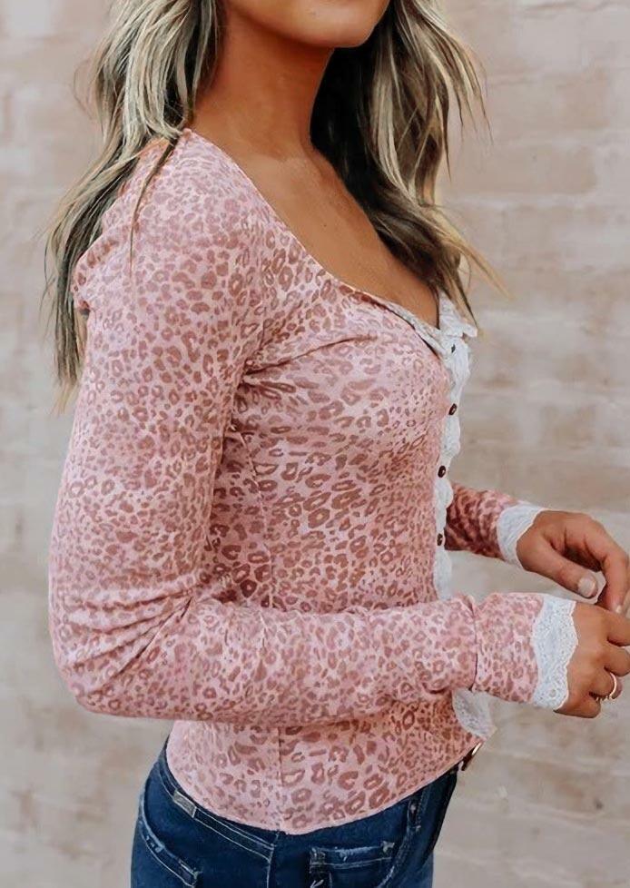 

Blouses Leopard Lace Splicing Button Long Sleeve Blouse in Leopard. Size