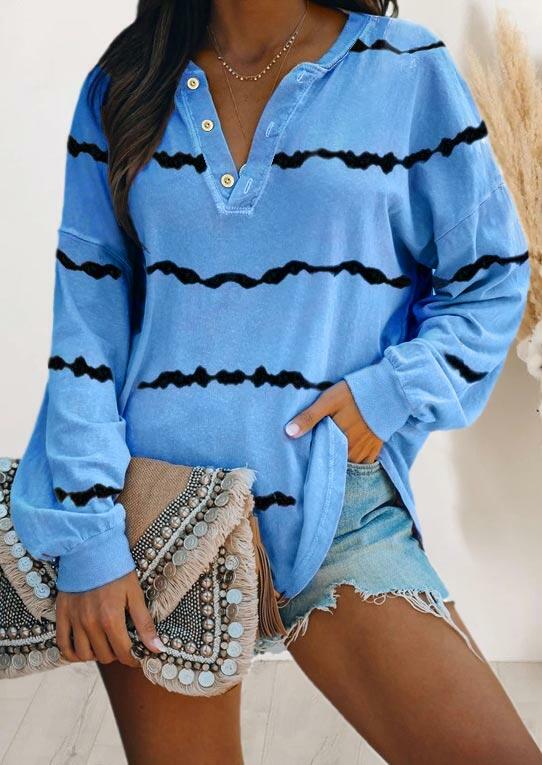 

Blouses Striped Button Long Sleeve Blouse in Blue. Size