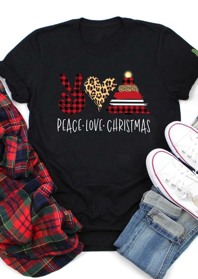 

T-shirts Tees Peace Love Christmas Leopard Buffalo Plaid T-Shirt Tee in Black. Size: ,M