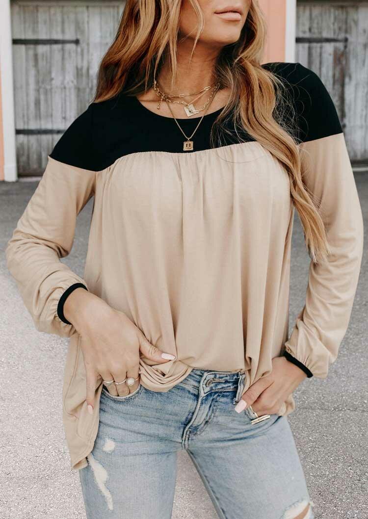 

Blouses Color Block Elastic Cuff Long Sleeve Blouse in Khaki. Size