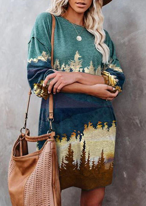 

Mini Dresses Mountain Forest Pocket O-Neck Drop Shoulder Mini Dress in Multicolor. Size