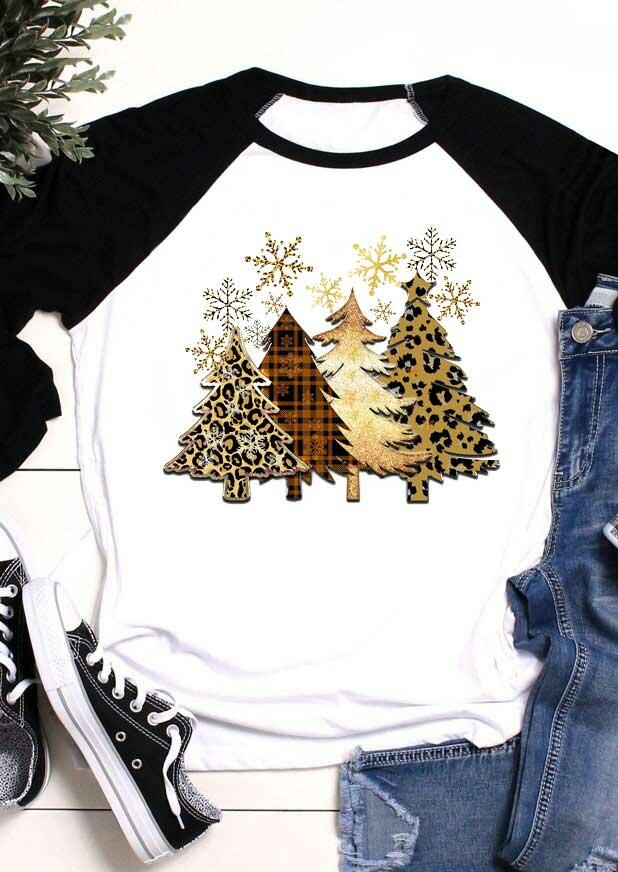 

Tees T-shirts Leopard Plaid Christmas Tree Snowflake T-Shirt Tee in Black. Size