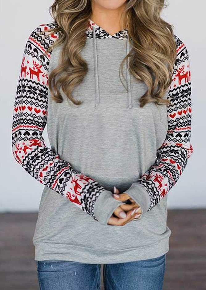 

Hoodies Reindeer Splicing Drawstring Pullover Hoodie in Light Grey. Size