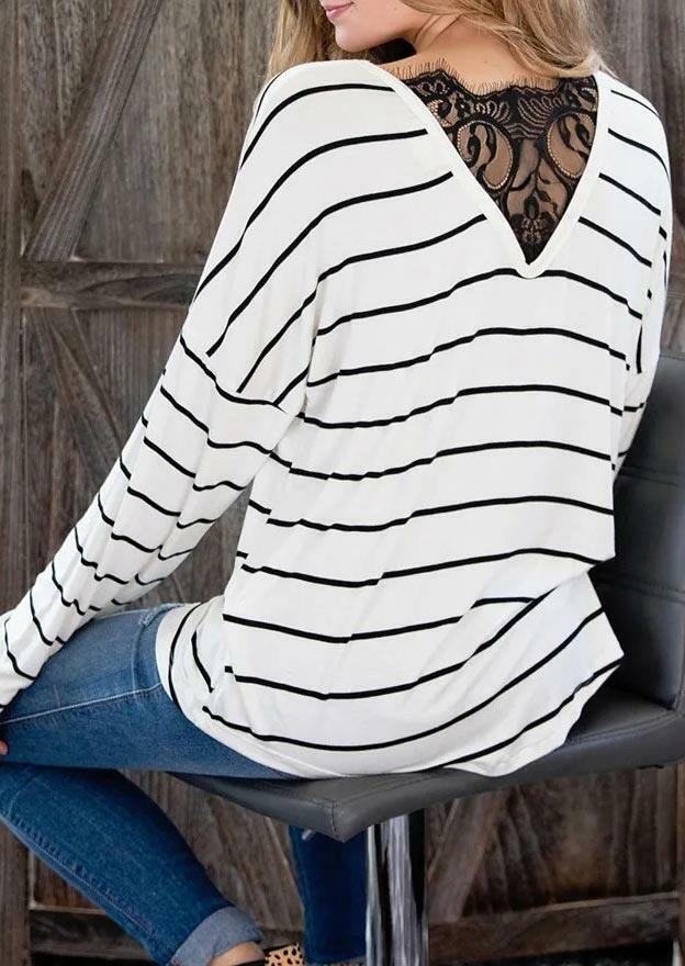 

Blouses Striped Lace Splicing Drop Shoulder Blouse in Stripe. Size: ,L