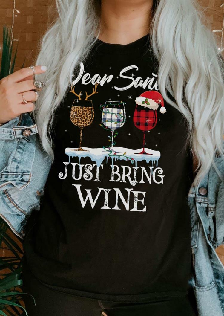 Christmas Dear Santa Just Bring Wine Leopard Plaid T-Shirt Tee - Black