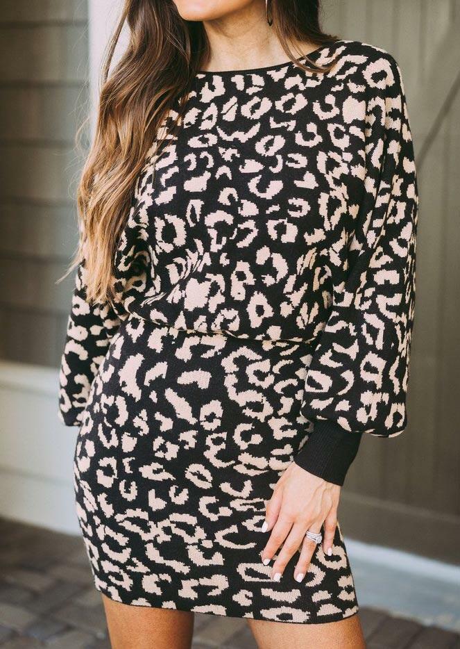 Leopard Batwing Sleeve Elastic Cuff Bodycon Dress