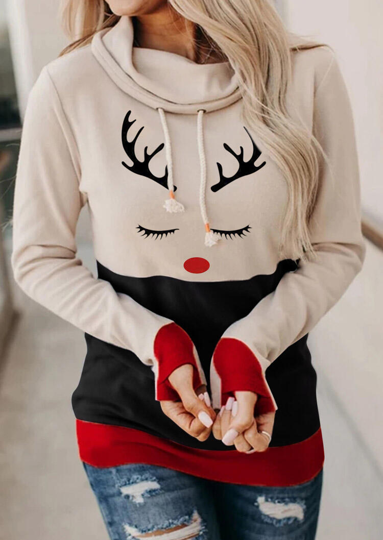 

Hoodies Christmas Reindeer Drawstring Thumbhole Hoodie in Flesh. Size