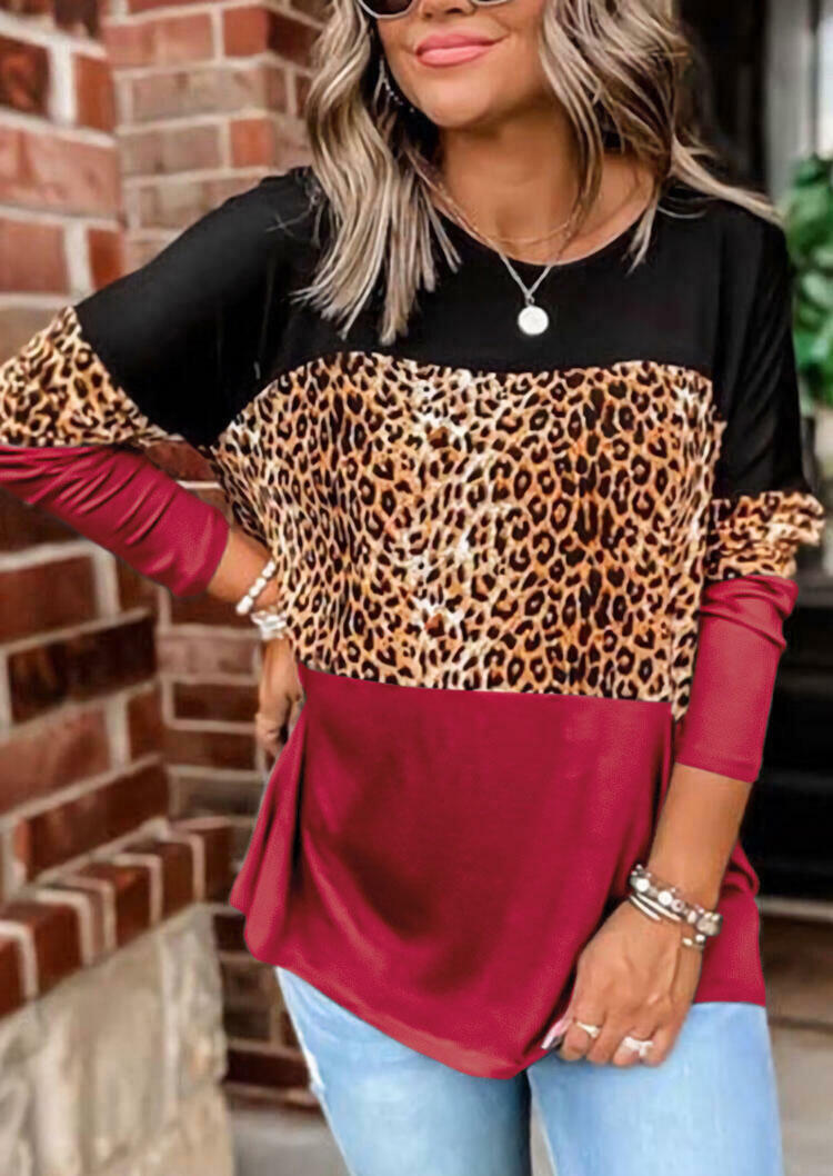 

Blouses Leopard Splicing Color Block Long Sleeve Blouse in Multicolor. Size