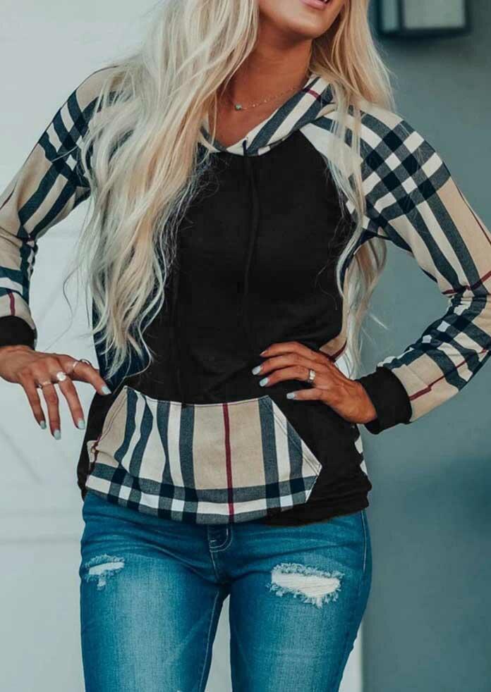 

Hoodies Plaid Kangaroo Pocket Drawstring Pullover Hoodie in Black. Size