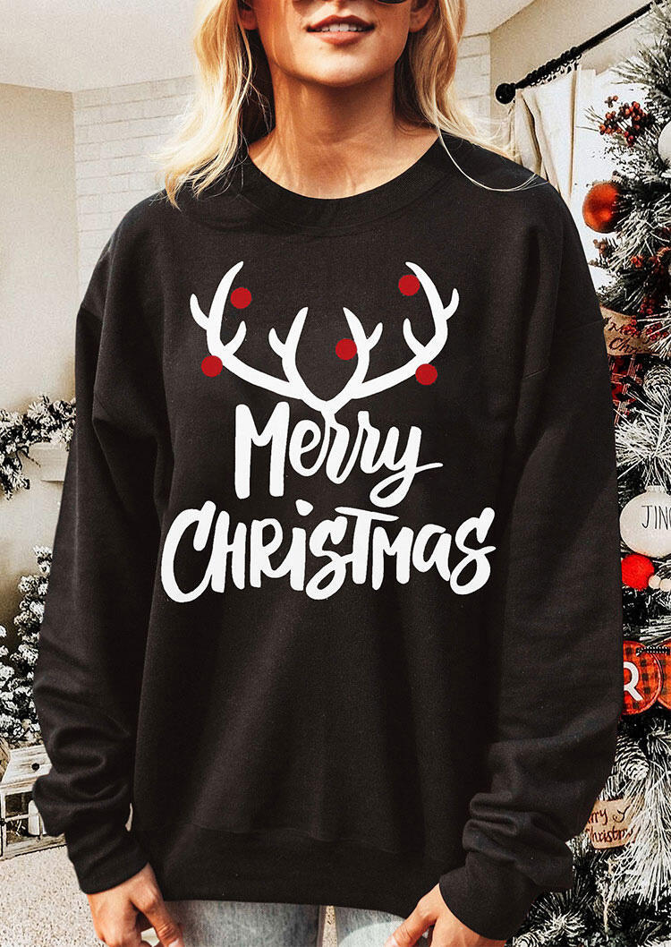 

Sweatshirts Merry Christmas Reindeer Long Sleeve Pullover Sweatshirt in Black. Size: ,M,L