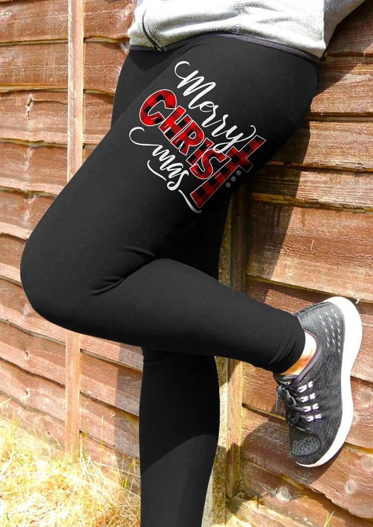 

Leggings Plaid Christ Merry Christmas Elastic Waist Leggings in Black. Size