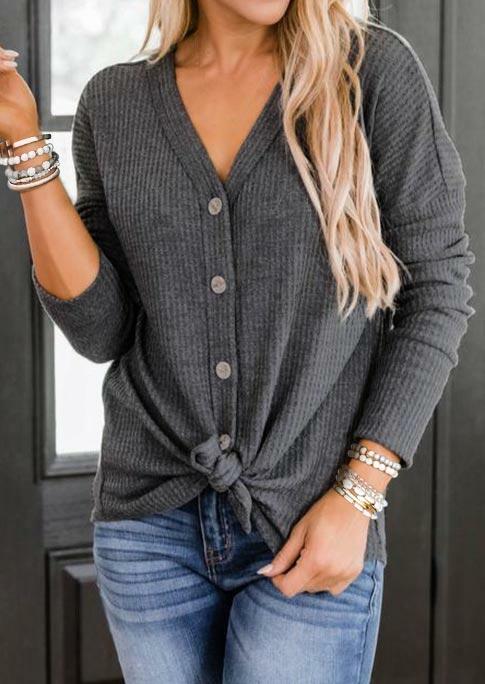 

Blouses Button Tie V-Neck Long Sleeve Casual Blouse in Gray. Size