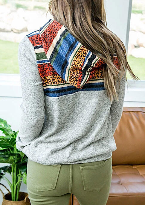 

Hoodies Colorful Leopard Striped Splicing Drawstring Hoodie in Gray. Size