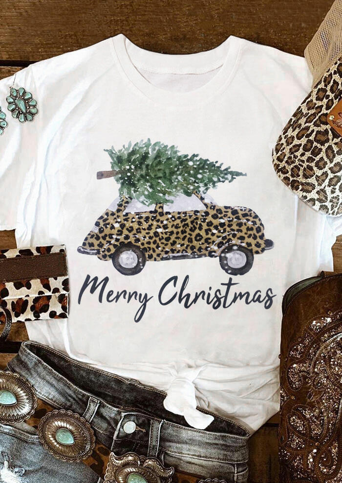 

T-shirts Tees Merry Christmas Leopard Car O-Neck T-Shirt Tee in White. Size: ,M