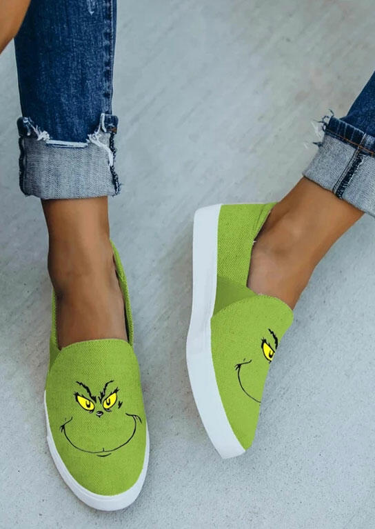 Christmas Grinch Cartoon Slip On Flat Sneakers - Green