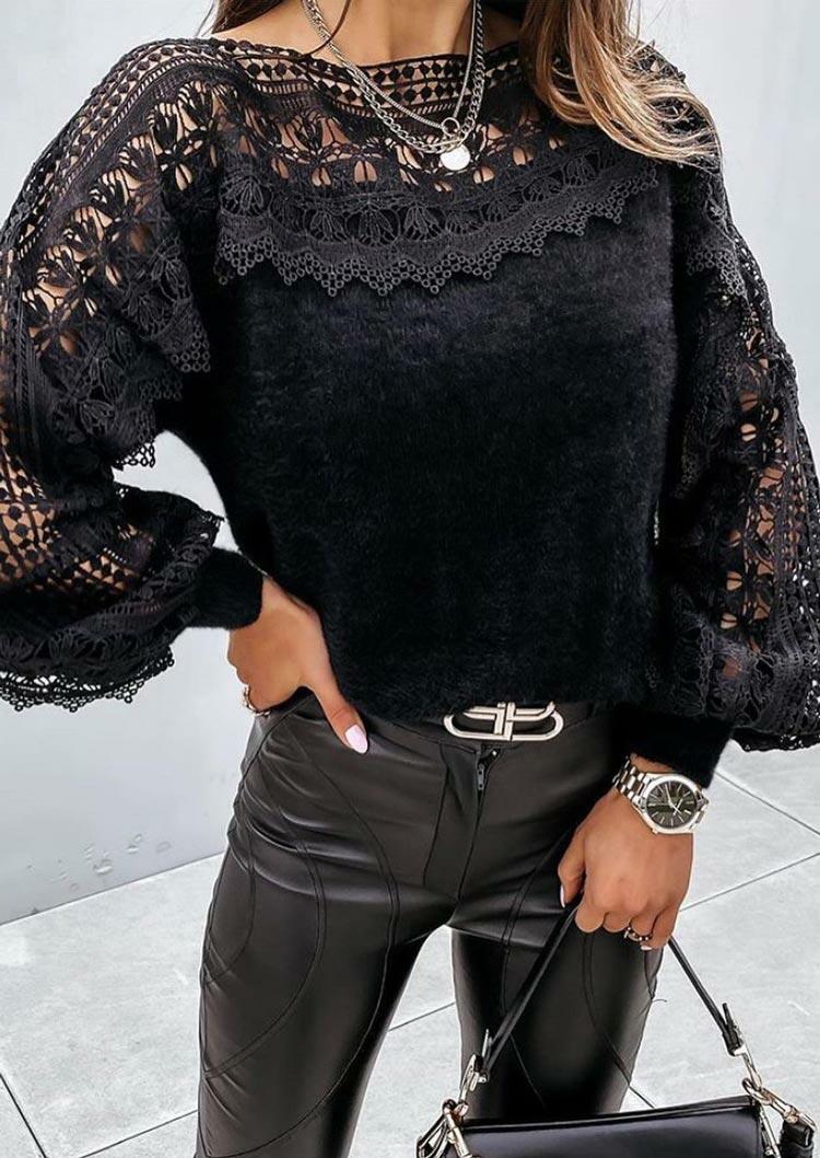 

Sweaters Lace Floral Splicing Plush Warm Sweater in Black. Size