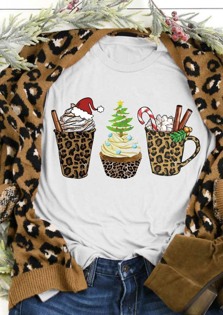 

Tees T-shirts Christmas Tree Hat Leopard Hot Cocoa T-Shirt Tee in White. Size