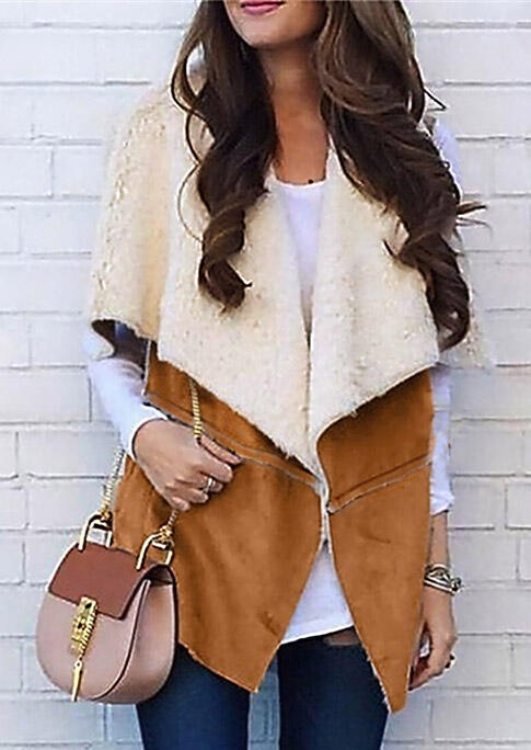 

Coats Winter Warm Plush Lapel Sleeveless Loose Vest Coat in Light Brown. Size: M