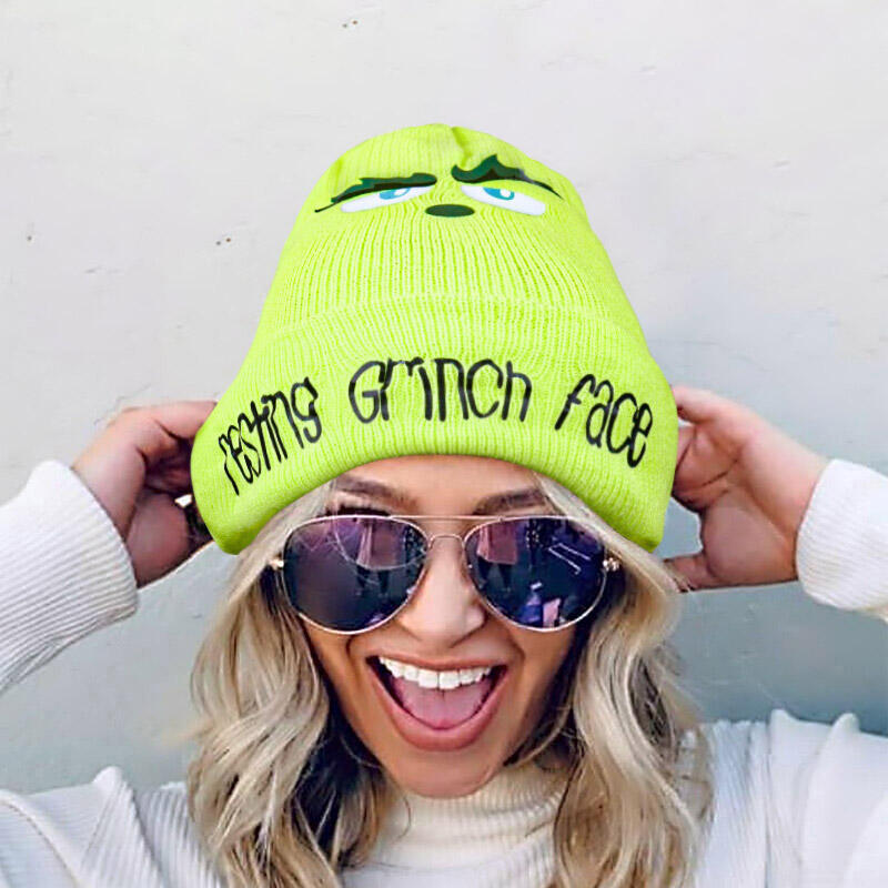 

Hats Christmas Resting Grinch Face Knitted Hat in Fluorescent Green. Size