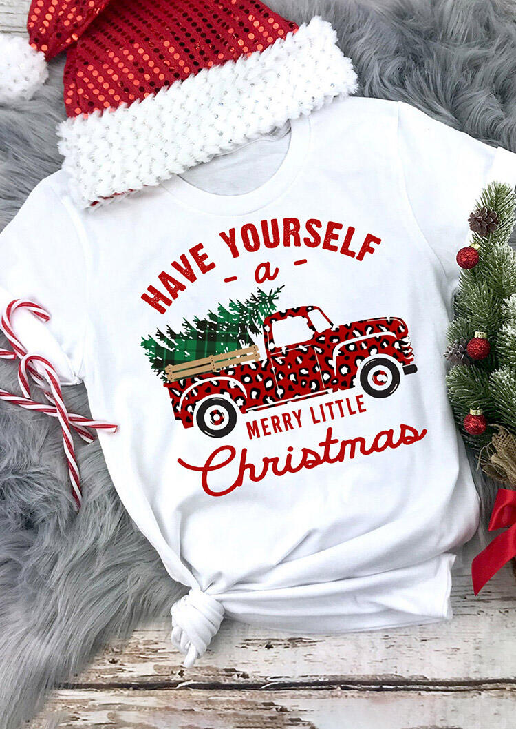 

T-shirts Tees Have Yourself A Merry Little Christmas Leopard Truck T-Shirt Tee in White. Size