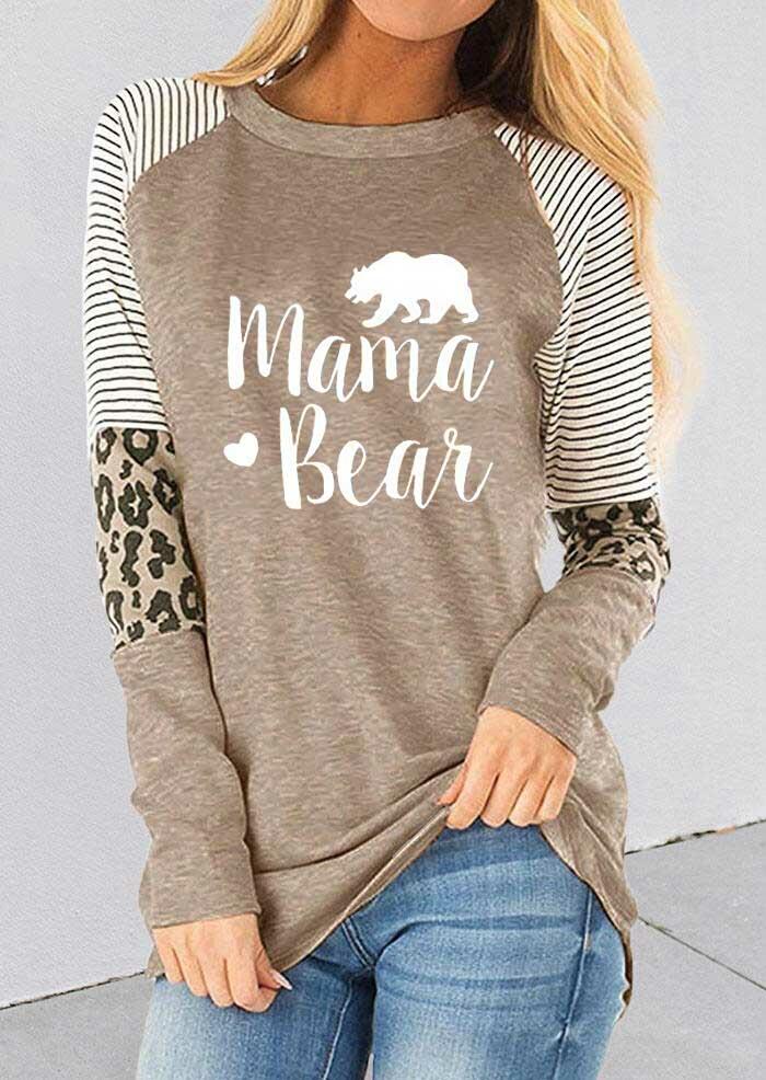 

Blouses Mama Bear Striped Leopard Splicing Blouse in Light Khaki. Size: ,XL