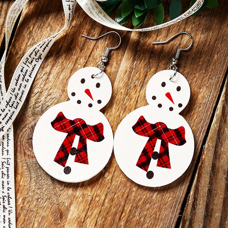 

Earrings Christmas Snowman Buffalo Plaid Bowknot Earrings in White. Size