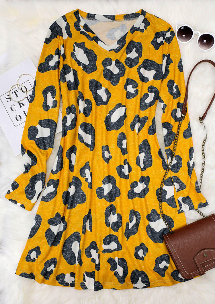 

Mini Dresses Leopard V-Neck Long Sleeve Mini Dress in Leopard. Size