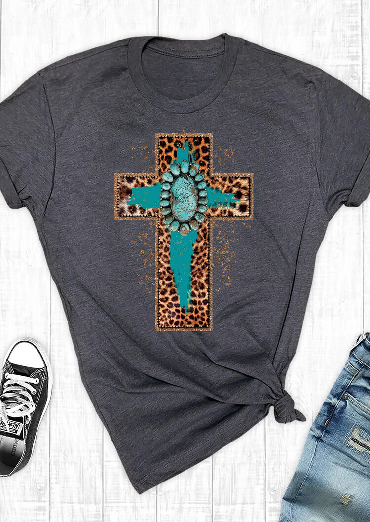 

T-shirts Tees Turquoise Jewel Leopard Cross O-Neck T-Shirt Tee in Gray. Size