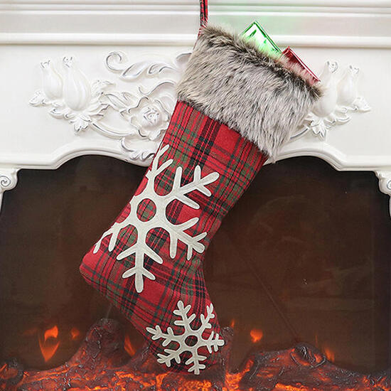

Christmas Decoration Christmas Snowflake Plaid Plush Hanging Ornament Sock in Plaid. Size