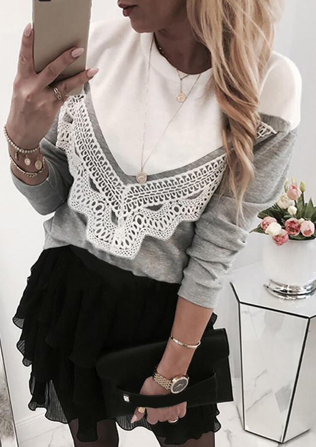 

Lace Splicing Color Block Long Sleeve Blouse - Gray, 488705